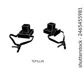 Set of Tefilin - Phylacteries in Hebrew. Small boxes with straps containing scrolls with verses from the Torah. Flat style vector in black on white for logo, banner, flyer, sticker, poster, decoration
