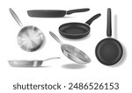Set Of Teflon And Steel Pans Including Frying Pans And Skillets. Realistic 3d Vector Kitchen Utensils For Cooking