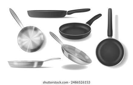 Juego De Sartenes De Teflón Y Acero, Incluyendo Sartenes Y Sartén. Utensilios de cocina de Vector 3d realistas para cocinar