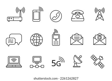 Set of telecommunication icons in linear style isolated on white background