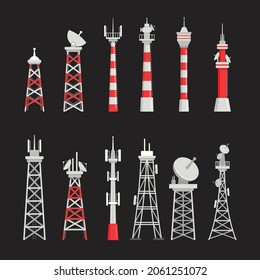 Set of Telecommunication Towers, Radio Masts, Communication Satellite Signal Transmitters. Different Types of Telecom, Television and Radio Waves Broadcasting Items. Cartoon Vector Illustration, Icons