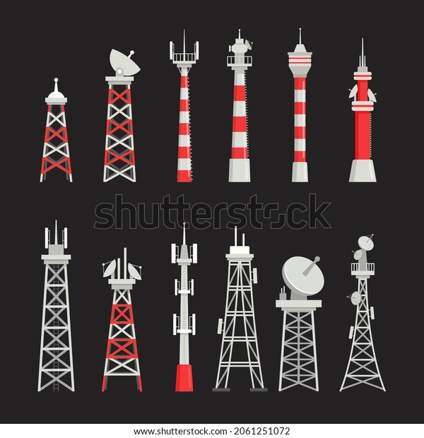 Set of Telecommunication Towers, Radio Masts,
Communication Satellite Signal Transmitters. Different Types of
Telecom, Television and Radio Waves Broadcasting Items. Cartoon
Vector Illustration, Icons