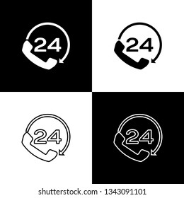 Set Telephone 24 hours support icons isolated on black and white background. All-day customer support call-center. Full time call services. Line, outline and linear icon. Vector Illustration