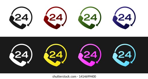 Set Telephone 24 hours support icon isolated on black and white background. All-day customer support call-center. Full time call services. Vector Illustration