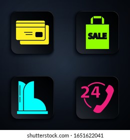 Establecer el soporte telefónico las 24 horas, tarjeta de crédito, funda de goma impermeable y bolsa de compras con venta. Botón cuadrado negro. Vector