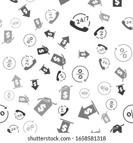 Set Telephone 24 hours support, Financial growth and coin, Discount percent tag and Price tag with dollar on seamless pattern. Vector