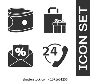 Set Telephone 24 hours support, Stacks paper money cash, Envelope with an interest discount and Gift box icon. Vector