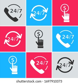 Set Telephone 24 hours support, Clock 24 hours and Hand holding coin icon. Vector
