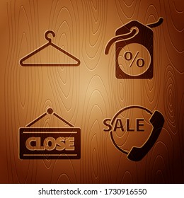 Set Telephone 24 hours support, Hanger wardrobe, Hanging sign with Closed and Discount percent tag on wooden background. Vector