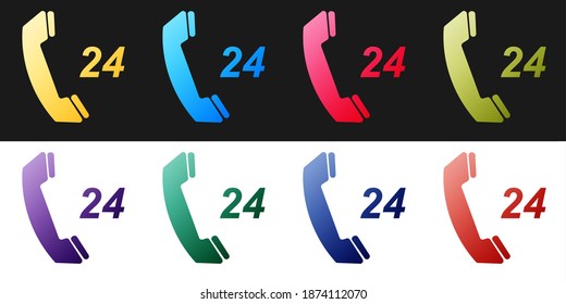 Ajuste el icono de soporte telefónico las 24 horas aislado en fondo blanco y negro. Centro de atención al cliente durante todo el día. Vector.