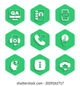 Establecer el soporte telefónico las 24 horas, Información, Mujer con auriculares, Marcador de interrogación, Auriculares, Teléfono móvil y sobre e icono de respuesta a preguntas. Vector