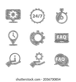 Telefonieren Sie 24 Stunden lang, Einstellungen in der Hand, Sprechblase mit FAQ, Laptop, Information, Ortszeit, Stoppuhr und Zahnradsymbol. Vektorgrafik
