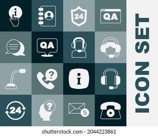 Telefon 24 Stunden Support, Kopfhörer, Frau mit Headset, Frage und Antwort, Sprechblase-Chat, Information und Man Icon. Vektorgrafik