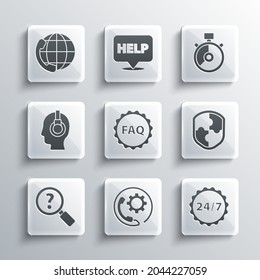 Set Telephone 24 hours support, Clock, Shield, Label with text FAQ, Unknown search, Support operator in touch,  and Stopwatch icon. Vector