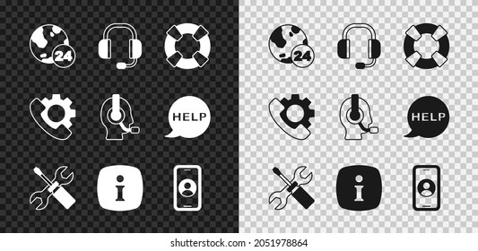 Set Telephone 24 hours support, Headphones, Lifebuoy, Screwdriver and wrench spanner, Information,  and Man with headset icon. Vector