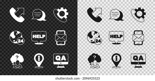 Establecer el soporte telefónico las 24 horas, chat de burbuja de voz, cabecera con signo de interrogación, información de ubicación, pregunta y respuesta, e icono de ayuda de texto. Vector