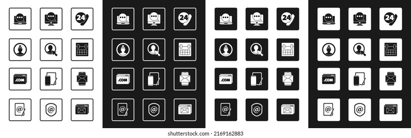 Stellen Sie Telefon 24 Stunden Support, Account-Bildschirm erstellen, Chat-Nachrichten-Benachrichtigung Laptop, Kalender, Monitor, Mobile und Umschlag und Website-Vorlage Symbol. Vektorgrafik