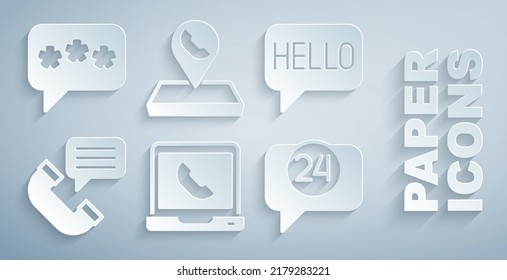 Set Telephone 24 hours support, Hello in different languages, conversation, Call center location and Speech bubble chat icon. Vector