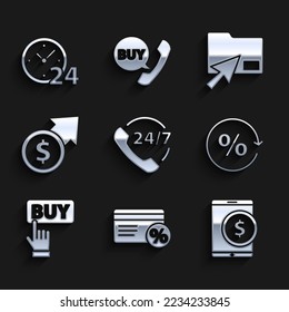 Set Telephone 24 hours support, Discount card with percent, Tablet dollar, tag, Buy button, Financial growth and coin, Cursor click document folder and Clock icon. Vector