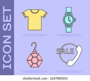 Set Telephone 24 hours support, T-shirt, Earring and Wrist watch icon. Vector