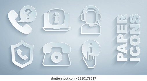 Set Telephone 24 hours support, Man with a headset, Information, Laptop information and  icon. Vector