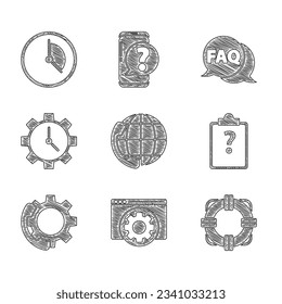 Set Telephone 24 hours support, Browser setting, Lifebuoy, Clipboard with question marks, Time Management, Speech bubble FAQ and  icon. Vector
