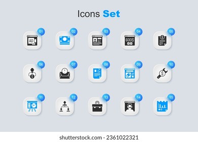 Set Telephone 24 hours support, Envelope, Stacks paper money cash, Board with graph, Document chart, Repair price, Advertising and Resume icon. Vector