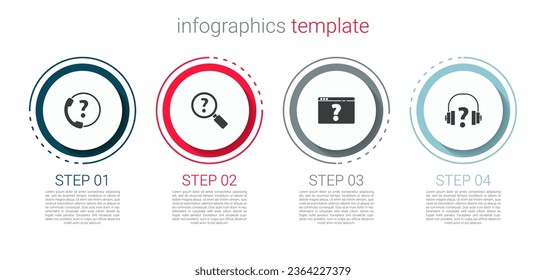 Establecer la asistencia telefónica las 24 horas, Búsqueda desconocida, Navegador con signo de interrogación y audífonos. Plantilla de infografía empresarial. Vector