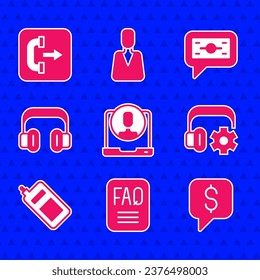 Set Telephone 24 hours support, FAQ information, Paid, Headphoneswith settings, Mobile, Stacks paper money cash and Outgoing call icon. Vector
