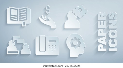 Set Telephone 24 hours support, Head with question mark, Two sitting men talking, Human head gear inside, Hand holding coin money and Reading book icon. Vector