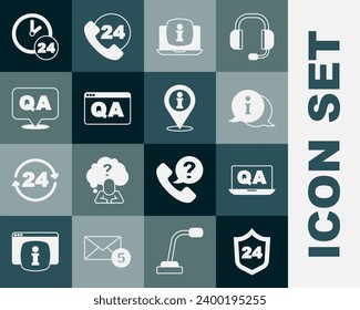 Set Telephone 24 hours support, Question and Answer, Information, Laptop with information, Clock and Location icon. Vector