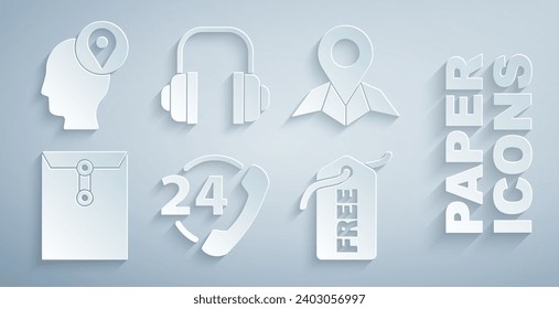 Fijar el soporte telefónico las 24 horas, Papel de mapa del marcador de posición, sobre, etiqueta de precio con libre, auriculares y icono de cajas de cartón del hombre de entrega. Vector