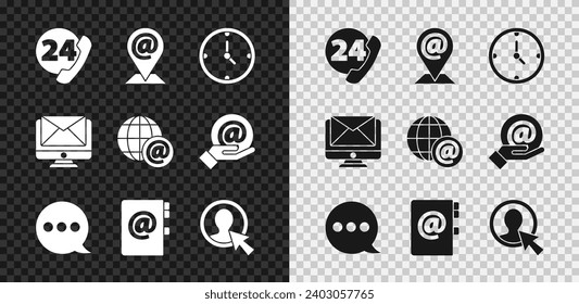 Set Telephone 24 hours support, Location and mail and e-mail, Clock, Speech bubble chat, Address book, Create account screen, Monitor envelope and Earth globe with icon. Vector