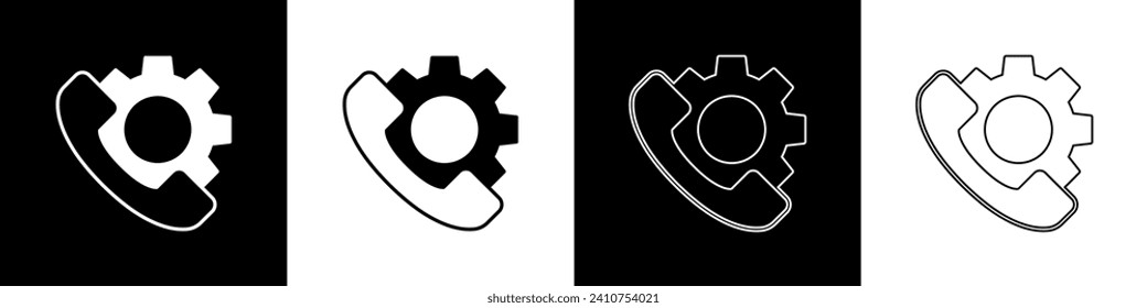 Ajuste el icono de soporte telefónico las 24 horas aislado en fondo blanco y negro. Centro de atención al cliente durante todo el día. Servicios de llamadas a tiempo completo.  Vector
