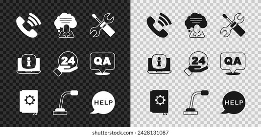 Set Telephone 24 hours support, Speech bubble chat, Screwdriver and wrench spanner, User manual, Microphone, with text Help, Laptop information and  icon. Vector