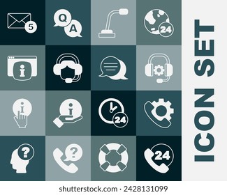 Set Telephone 24 hours support, Headphones, Microphone, Woman with headset, Monitor FAQ information, New, email incoming message and Speech bubble chat icon. Vector