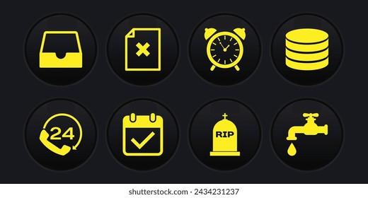 Set Telephone 24 hours support, Database, Calendar with check mark, Tombstone RIP written, Alarm clock and Delete file document icon. Vector