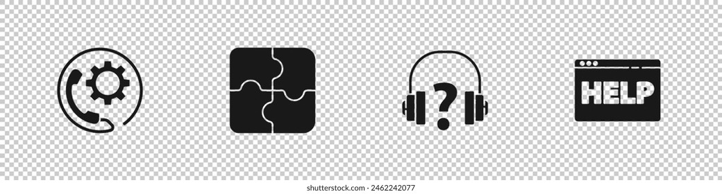 Set Telephone 24 hours support, Piece of puzzle, Headphones and Browser help icon. Vector