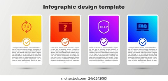 Set Teléfono 24 horas de Asistencia, Navegador con signo de interrogación, Escudo de texto Ayuda y portátil y preguntas frecuentes. Plantilla de infografía de negocios. Vector