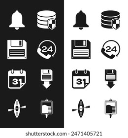 Set Telephone 24 hours support, Floppy disk, Ringing bell, Database protection, Calendar and backup icon. Vector