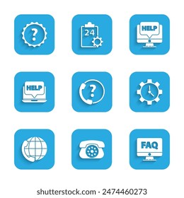 Set Telephone 24 hours support, Computer monitor and FAQ, Time Management, Laptop help,  and Question mark icon. Vector