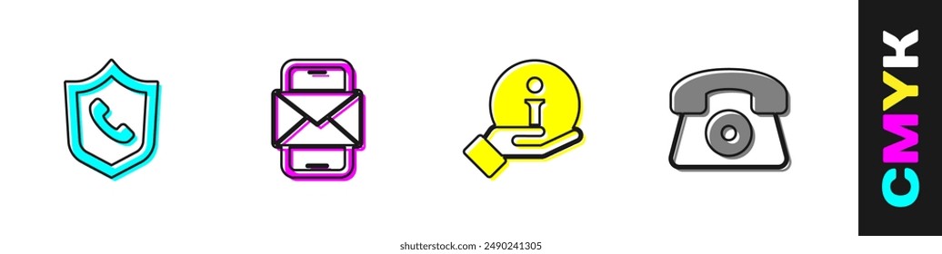 Set Teléfono 24 horas de Asistencia, Móvil y sobre, Información e ícono. Vector