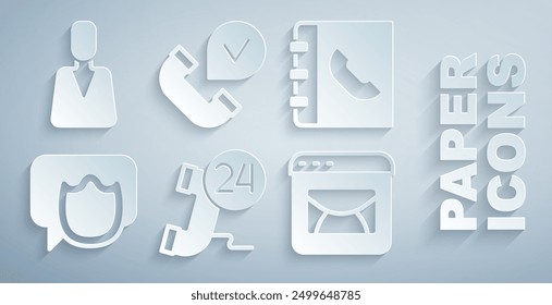 Set Telephone 24 hours support, Phone book, Speech bubble chat, Mail and e-mail, handset and Employee icon. Vector