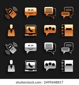 Set Telephone 24 hours support, Speech bubble chat, Notebook, Employee, Mobile and Smile face icon. Vector