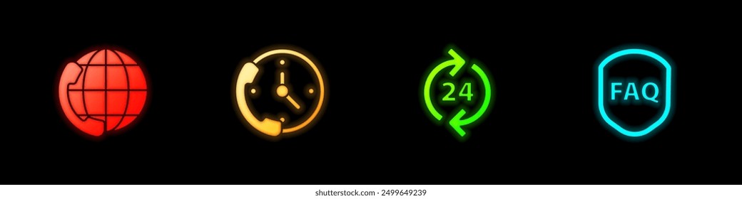 Set Telephone 24 hours support, ,  and Shield with text FAQ icon. Vector