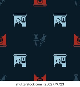 Set Telephone 24 hours support, Push pin and Video chat conference on seamless pattern. Vector