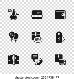 Set Telephone 24 hours support, Price tag with dollar, Delivery cargo truck, New collection, Wallet, Auction hammer, Credit card and Discount percent icon. Vector
