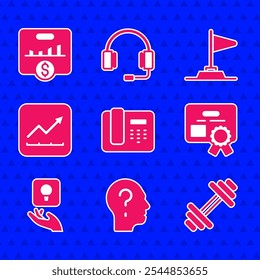 Set Telefon 24 Stunden Unterstützung, Kopf mit Fragezeichen, Hantel, Zertifikatvorlage, Glühbirne, finanzielle Wachstumssteigerung, Flagge und Key Performance Indikator Symbol. Vektorgrafik