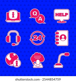 Set Telephone 24 hours support, Speech bubble chat, Microphone, Address book, Information, Headphones, with text Help and Laptop information icon. Vector
