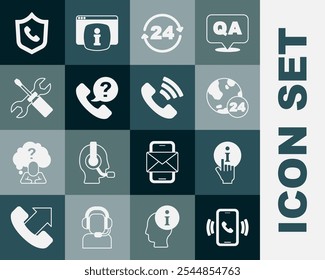 Set Telephone 24 hours support, Information, Screwdriver and wrench spanner,  and  icon. Vector